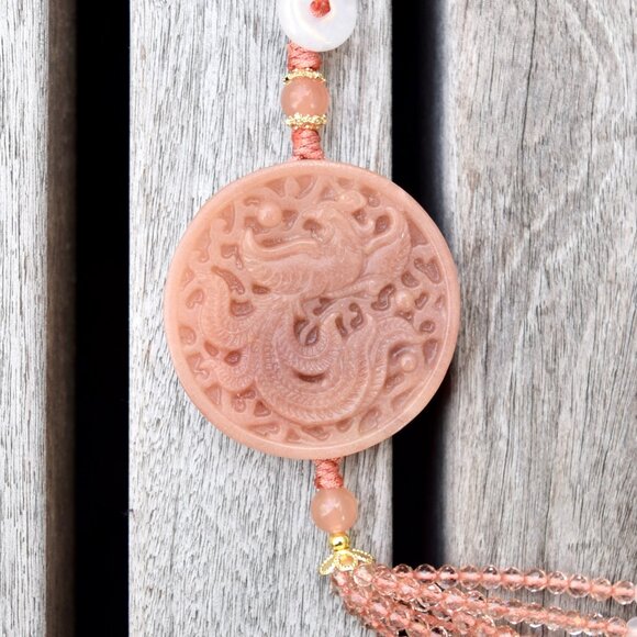 Pink Phoenix Tassel Ornament - Chinese Jade Bag Charm - Picture 2 of 5